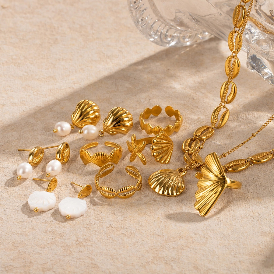 ig style beach starfish shell stainless steel imitation pearl plating 18k gold plated rings earrings necklace