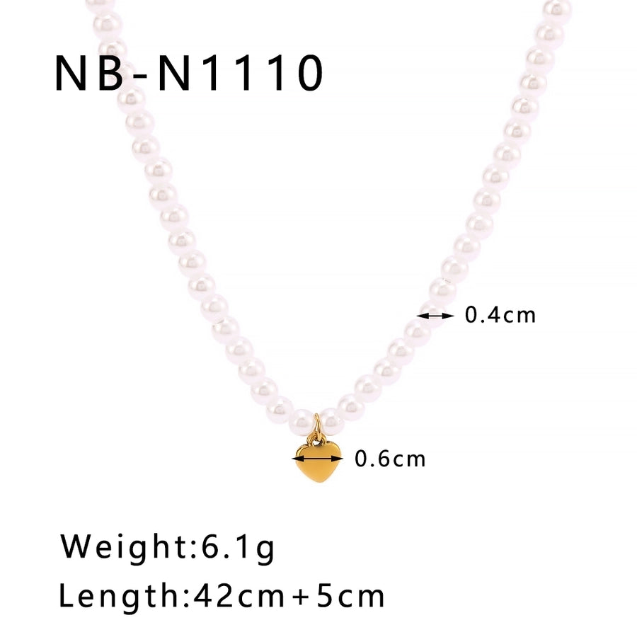 304 Stainless Steel Artificial Pearl 18K Gold Plated IG Style Elegant Romantic Beaded Heart Shape Pendant Necklace