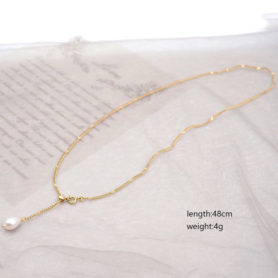 304 Stainless Steel Freshwater Pearl Titanium Steel Gold Plated Modern Style Simple Style Classic Style Pearl Water Droplets Pendant Necklace
