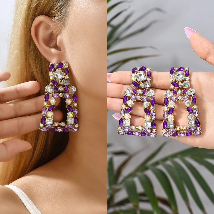 1 pair elegant retro geometric trapezoid hollow out inlay zinc alloy rhinestones drop earrings