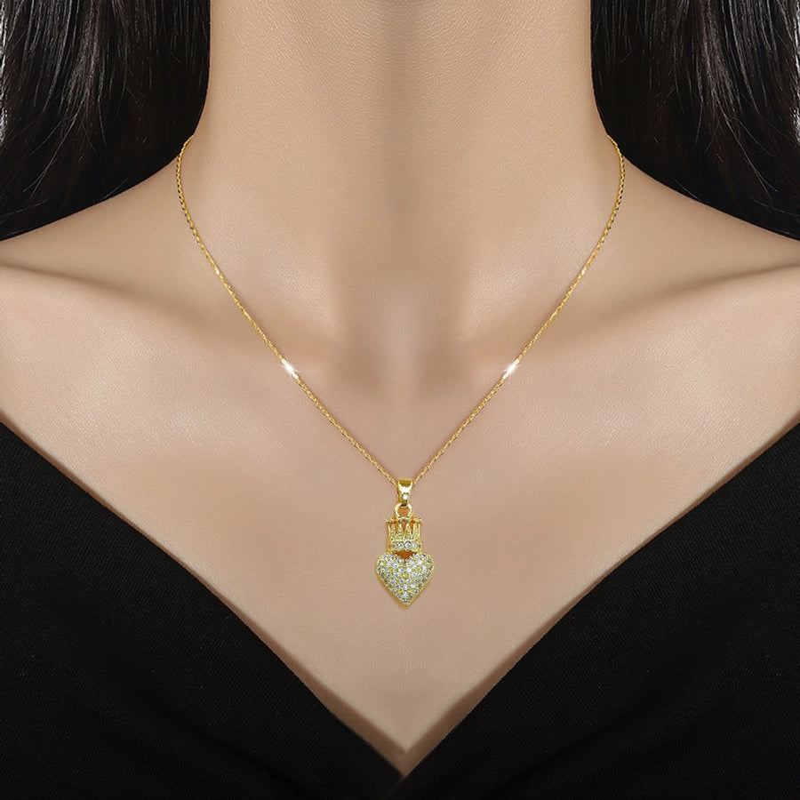 simple style heart shape crown titanium steel copper plating inlay artificial gemstones pendant necklace