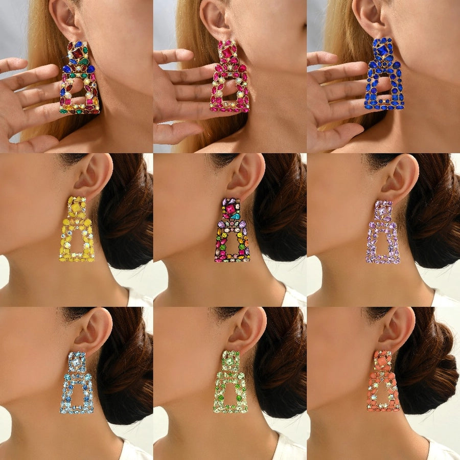 1 pair elegant retro geometric trapezoid hollow out inlay zinc alloy rhinestones drop earrings