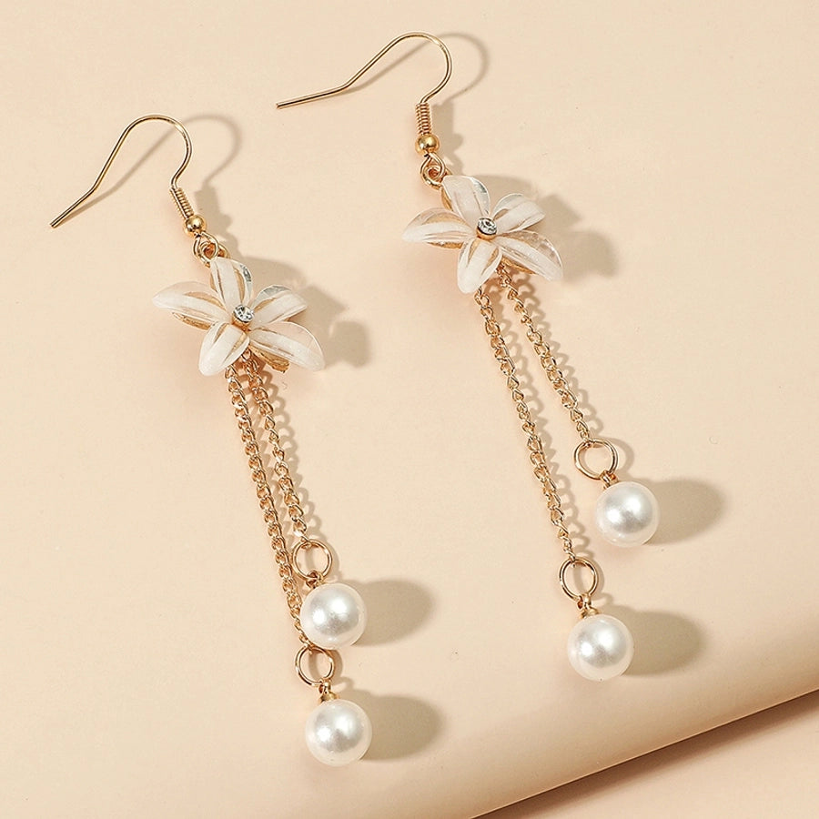 fashion flower shaped pearl tassel five-leaf alloy earrings