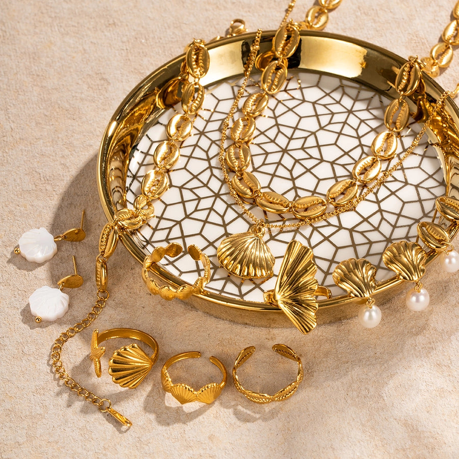ig style beach starfish shell stainless steel imitation pearl plating 18k gold plated rings earrings necklace
