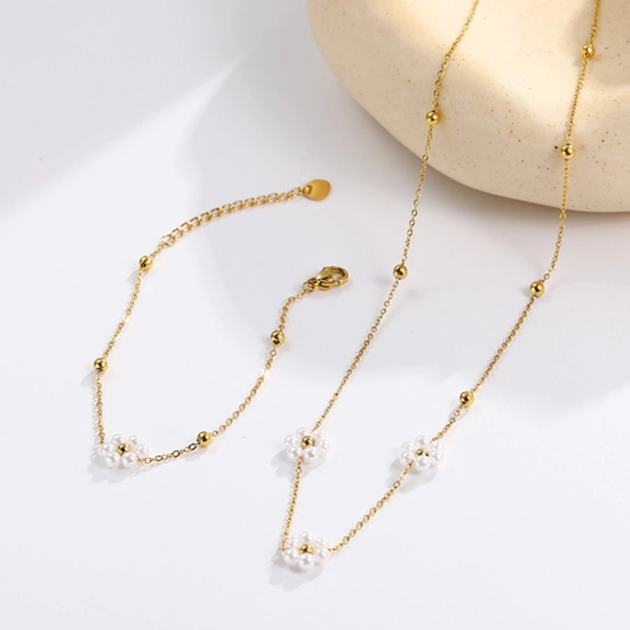 sweet flower stainless steel beaded plating inlay 14k gold plated freshwater pearl bracelets necklace