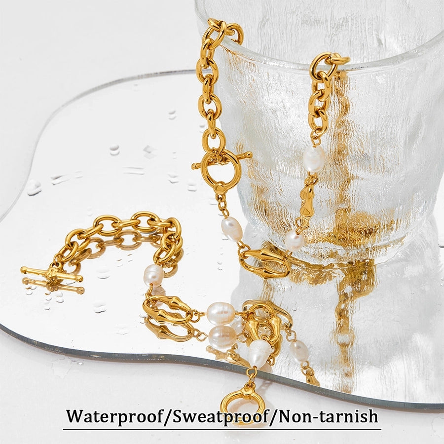 304 Stainless Steel Freshwater Pearl 16K Gold Plated White Gold Plated Gold Plated IG Style Simple Style Classic Style Polishing Plating Solid Color Bracelets Necklace