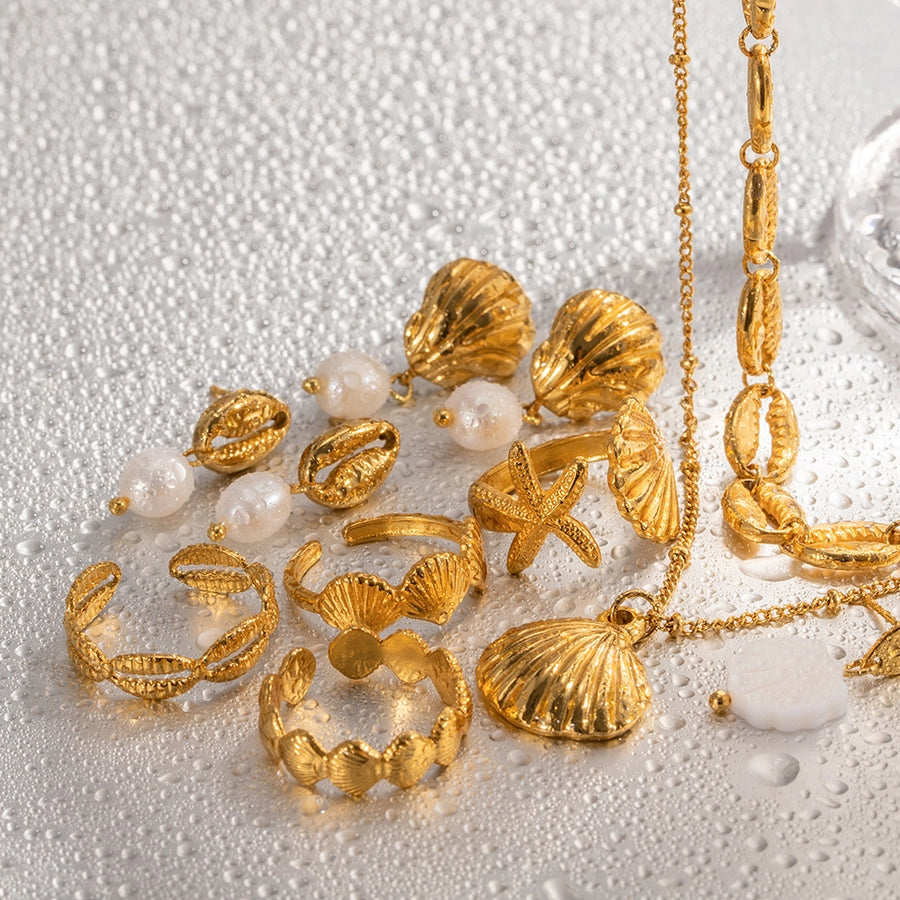 ig style beach starfish shell stainless steel imitation pearl plating 18k gold plated rings earrings necklace