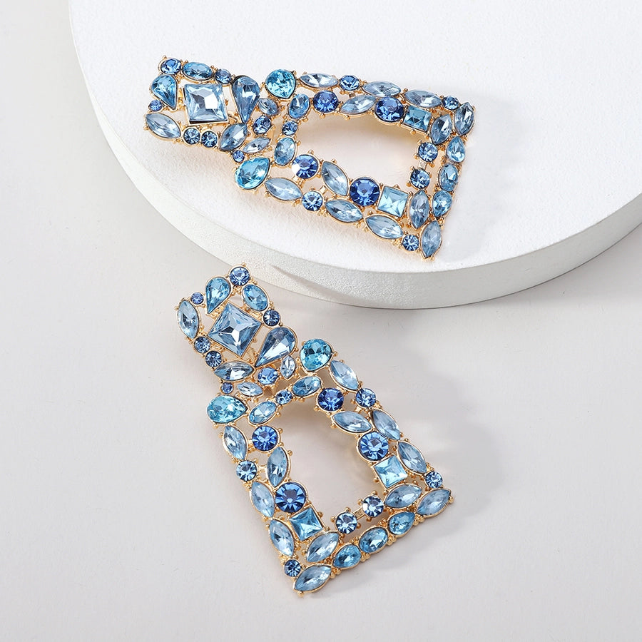 1 pair elegant retro geometric trapezoid hollow out inlay zinc alloy rhinestones drop earrings