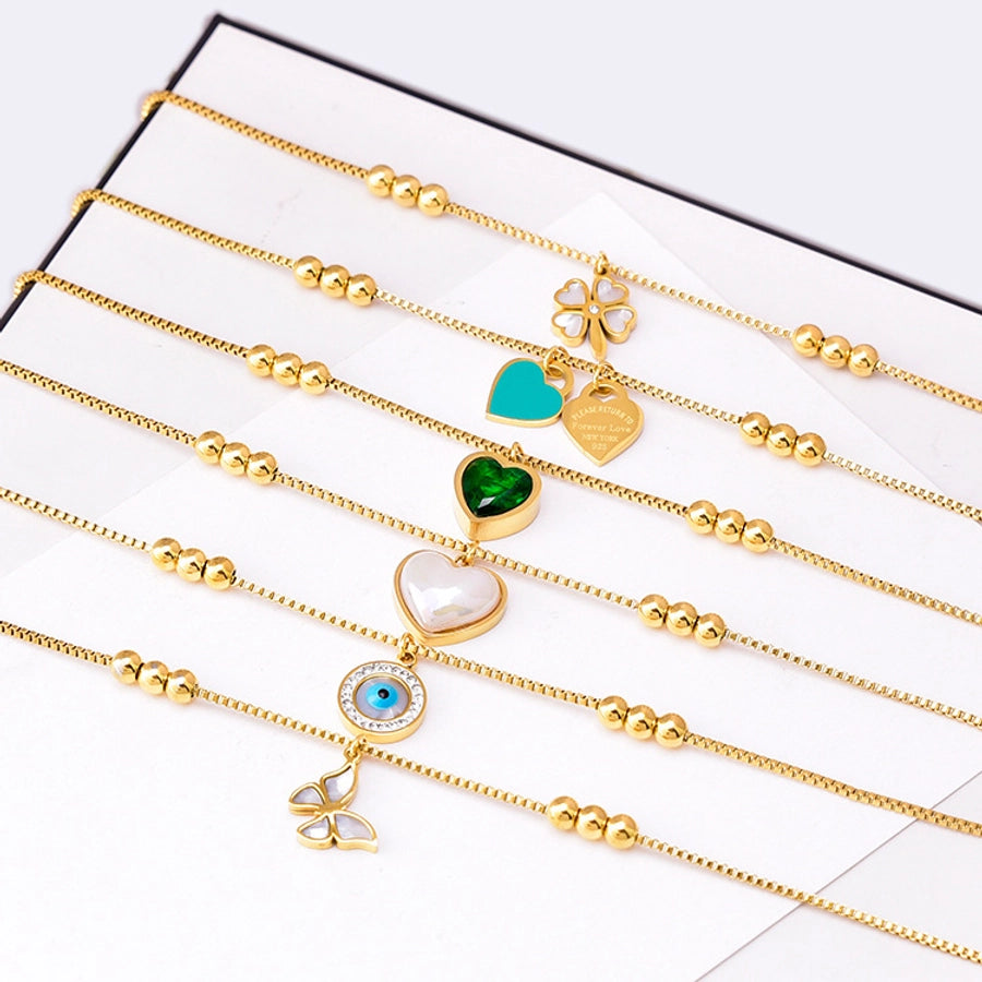 simple style devil's eye heart shape butterfly titanium steel inlay artificial pearls shell zircon women's anklet