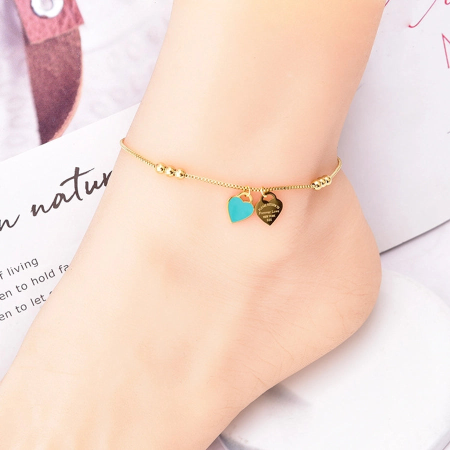 simple style devil's eye heart shape butterfly titanium steel inlay artificial pearls shell zircon women's anklet