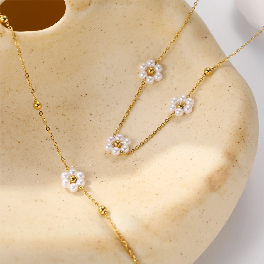 sweet flower stainless steel beaded plating inlay 14k gold plated freshwater pearl bracelets necklace