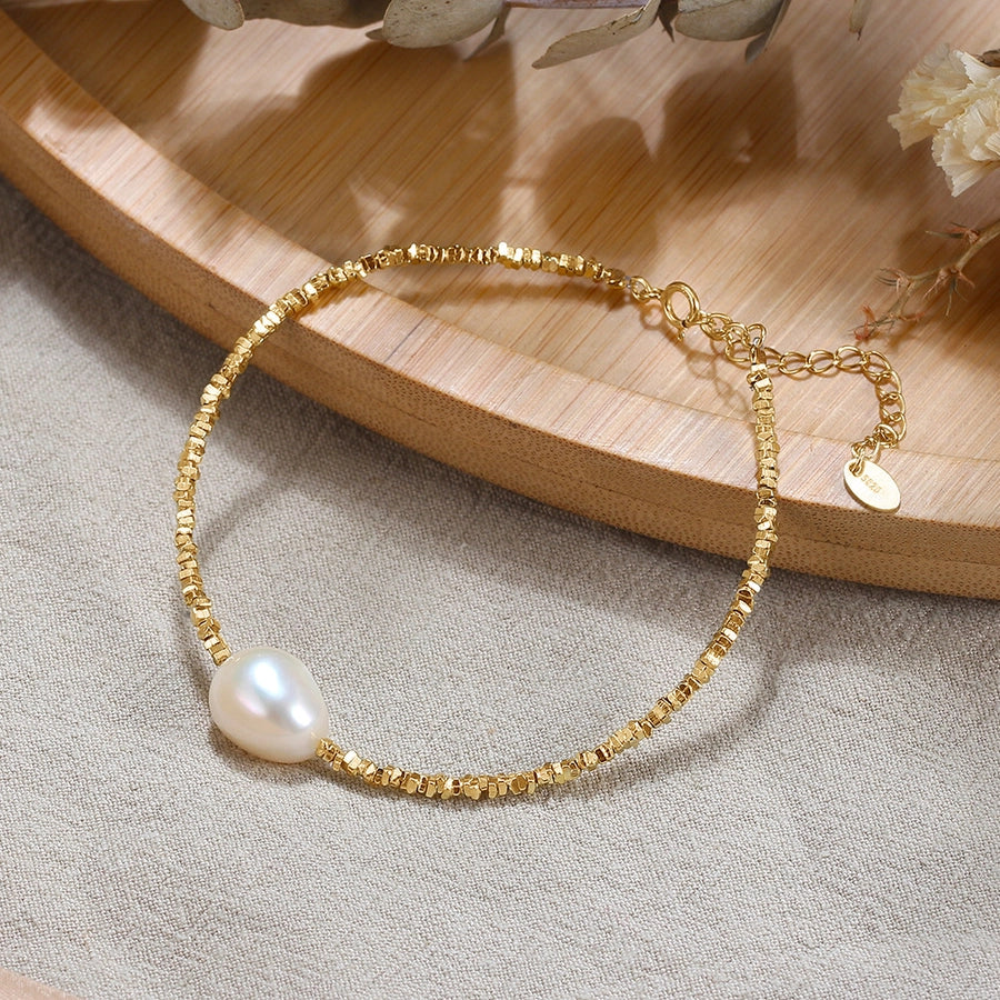 elegant simple style round freshwater pearl sterling silver beaded plating bracelets