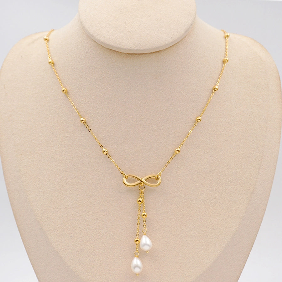 304 Stainless Steel Freshwater Pearl Gold Plated Casual Vintage Style Simple Style Infinity Bow Knot Pendant Necklace