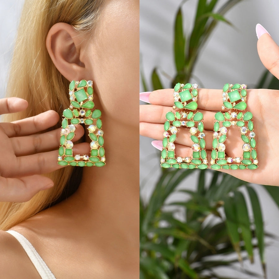 1 pair elegant retro geometric trapezoid hollow out inlay zinc alloy rhinestones drop earrings