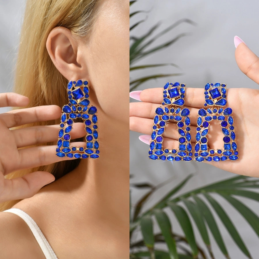 1 pair elegant retro geometric trapezoid hollow out inlay zinc alloy rhinestones drop earrings