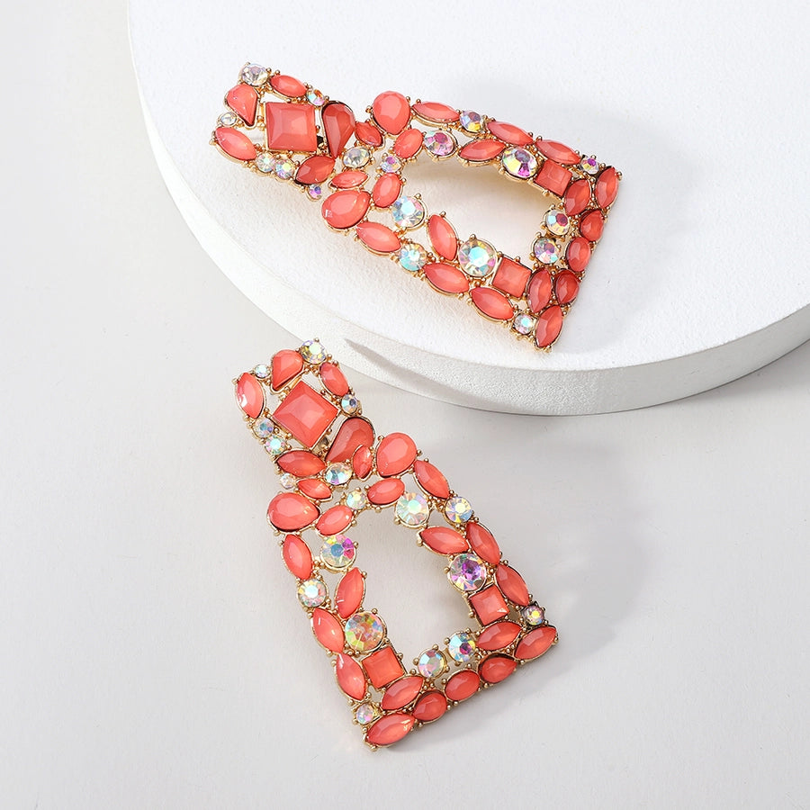 1 pair elegant retro geometric trapezoid hollow out inlay zinc alloy rhinestones drop earrings