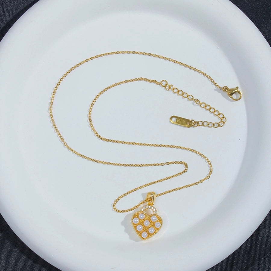 retro heart shape stainless steel plating inlay artificial pearls 18k gold plated pendant necklace