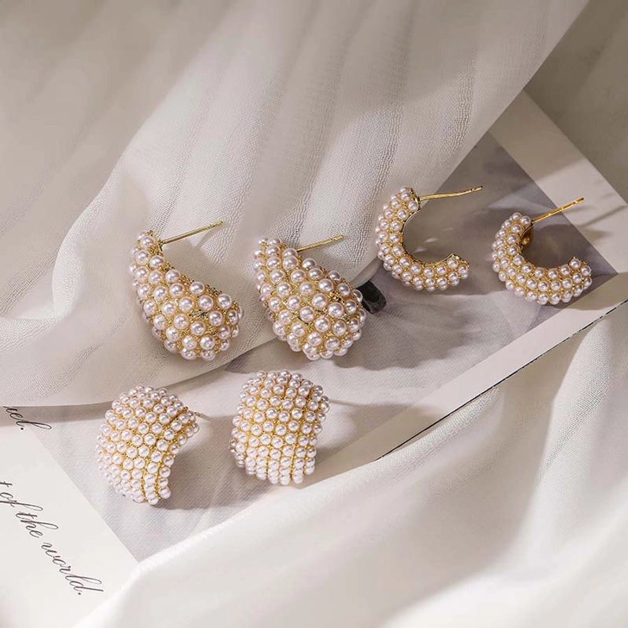 1 pair casual elegant vintage style c shape plating inlay copper artificial pearls 18k gold plated ear studs