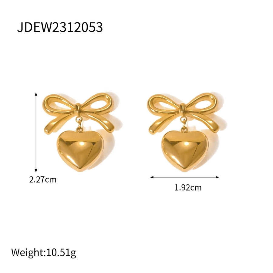1 Pair Simple Style Heart Shape Bow Knot Plating 304 Stainless Steel 18K Gold Plated Drop Earrings