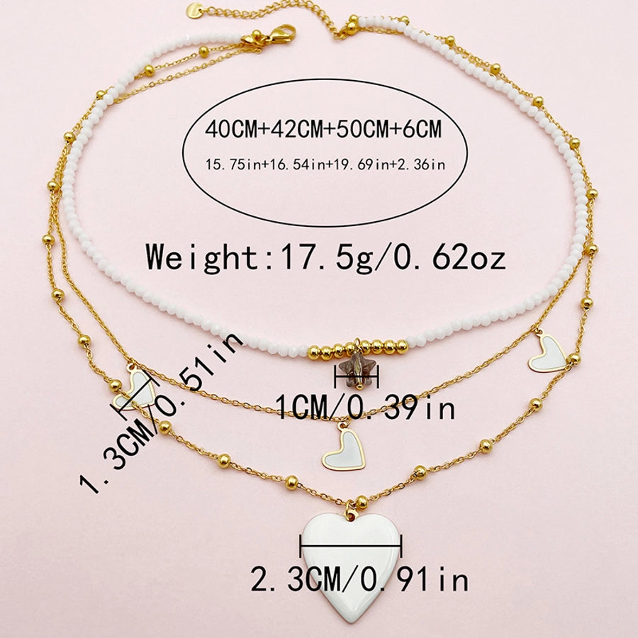 304 Stainless Steel Artificial Crystal Gold Plated Elegant French Style Layered Enamel Plating Heart Shape Three Layer Necklace
