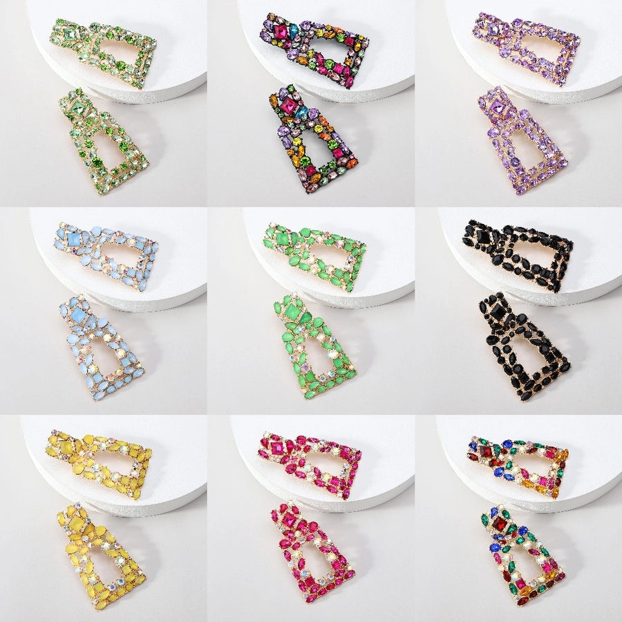 1 pair elegant retro geometric trapezoid hollow out inlay zinc alloy rhinestones drop earrings