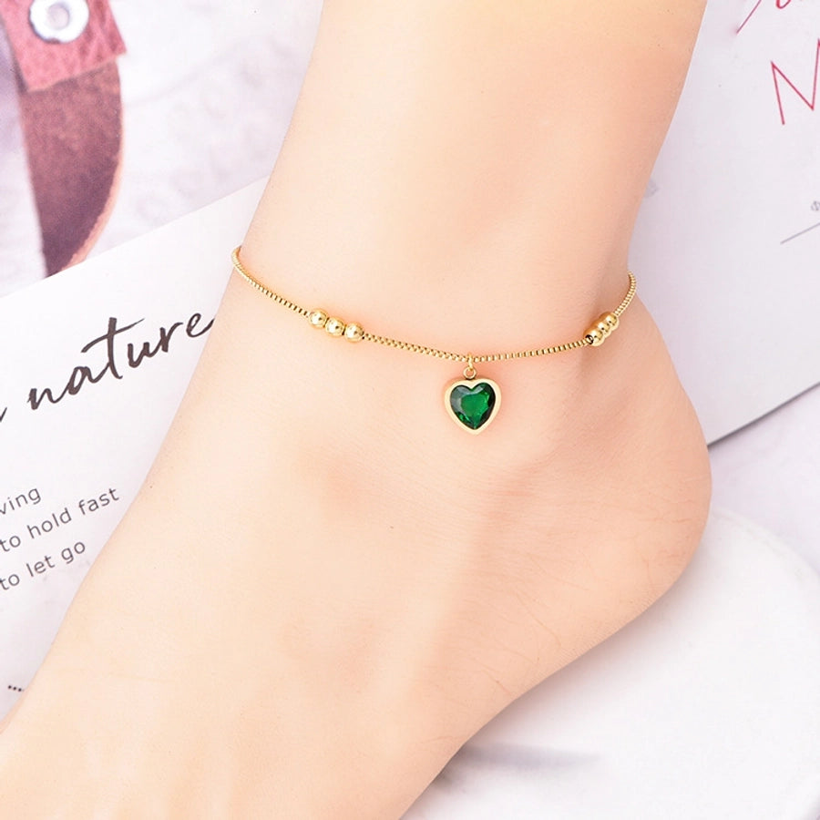 simple style devil's eye heart shape butterfly titanium steel inlay artificial pearls shell zircon women's anklet