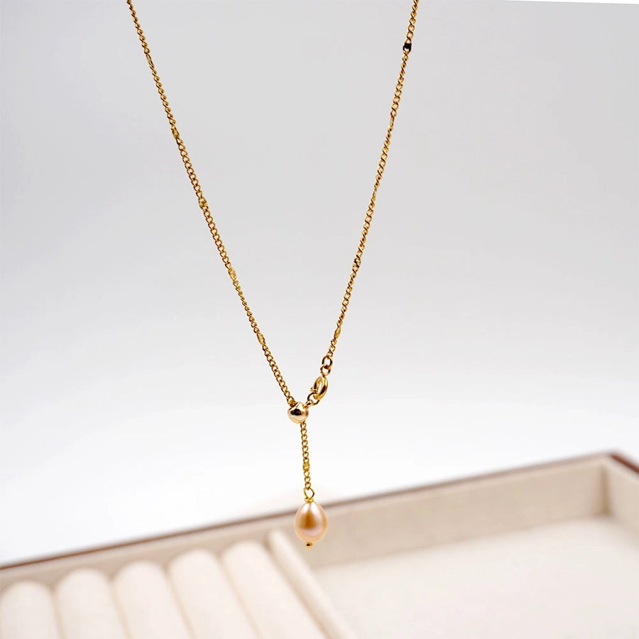 304 Stainless Steel Freshwater Pearl Titanium Steel Gold Plated Modern Style Simple Style Classic Style Pearl Water Droplets Pendant Necklace