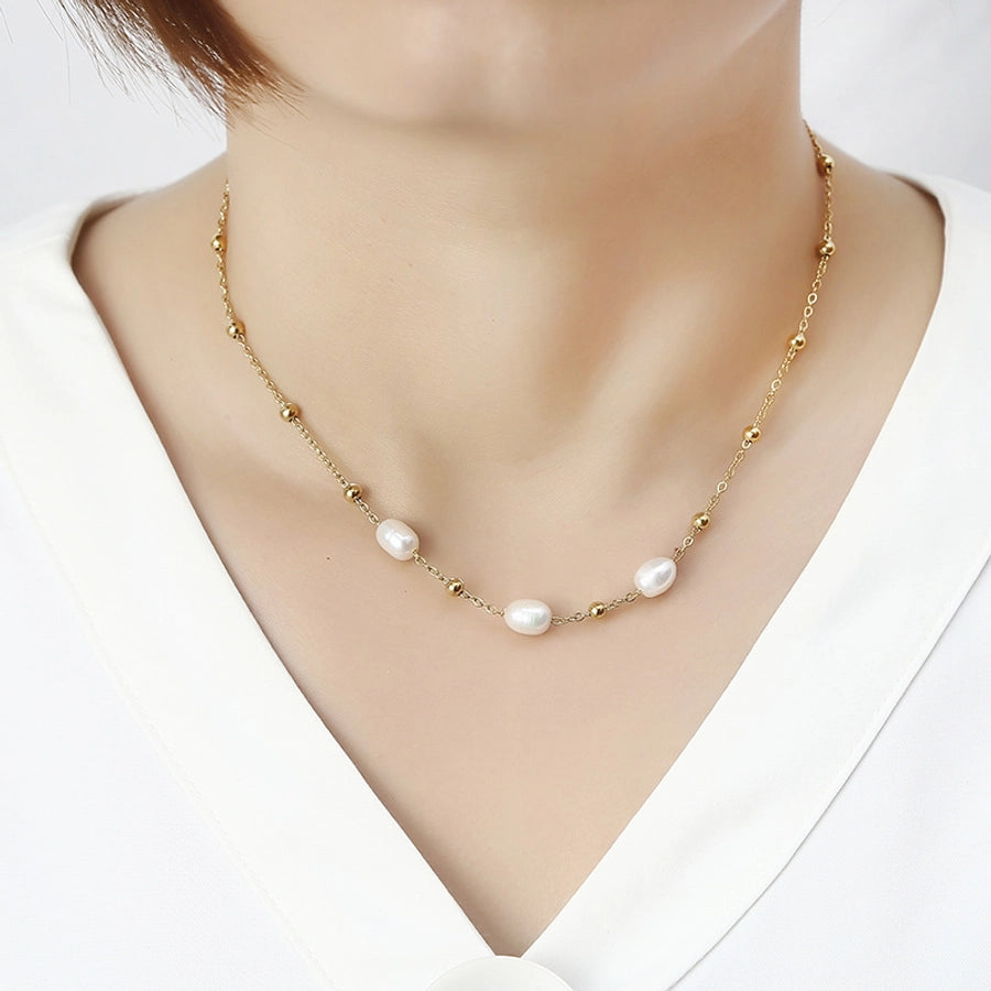 elegant water droplets stainless steel freshwater pearl beaded necklace