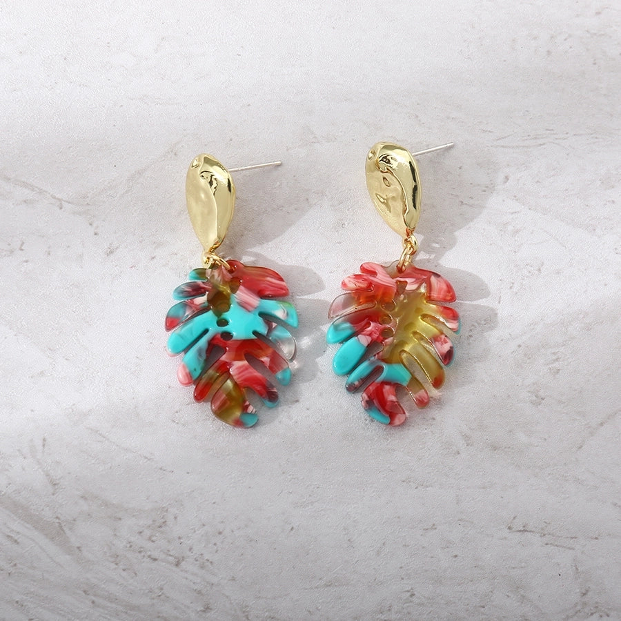 1 pair fashion leaves plastic resin gold plated women's drop earrings
