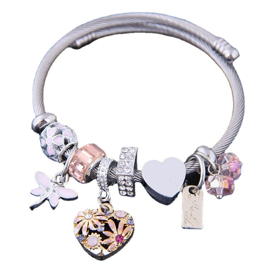 ethnic style heart shape flower stainless steel alloy plating inlay rhinestones bangle