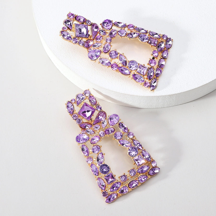 1 pair elegant retro geometric trapezoid hollow out inlay zinc alloy rhinestones drop earrings