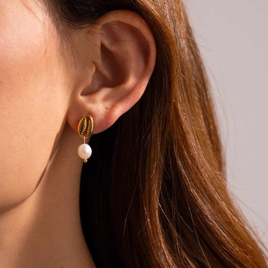 1 Pair IG Style Shell Pearl 304 Stainless Steel 18K Gold Plated Drop Earrings