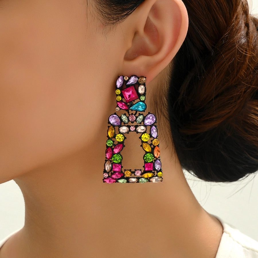 1 pair elegant retro geometric trapezoid hollow out inlay zinc alloy rhinestones drop earrings