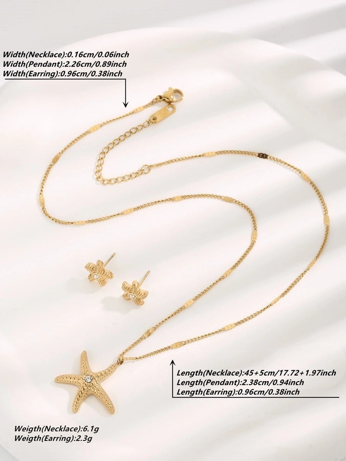 lady beach starfish titanium steel plating inlay zircon gold plated earrings necklace