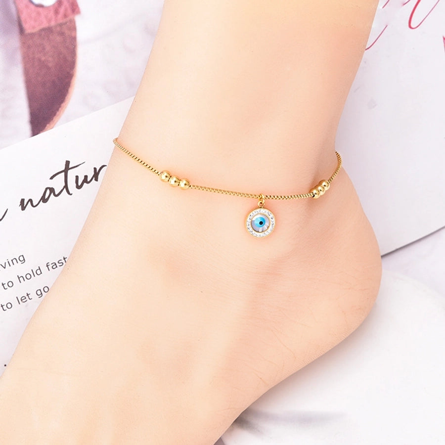 simple style devil's eye heart shape butterfly titanium steel inlay artificial pearls shell zircon women's anklet