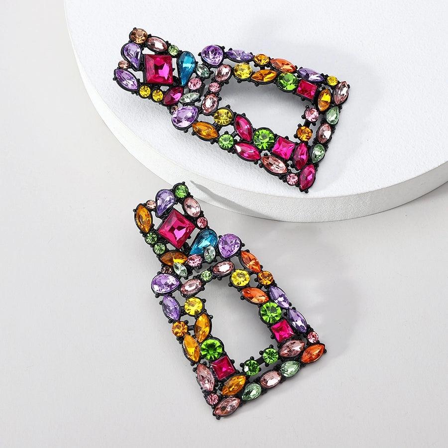 1 pair elegant retro geometric trapezoid hollow out inlay zinc alloy rhinestones drop earrings