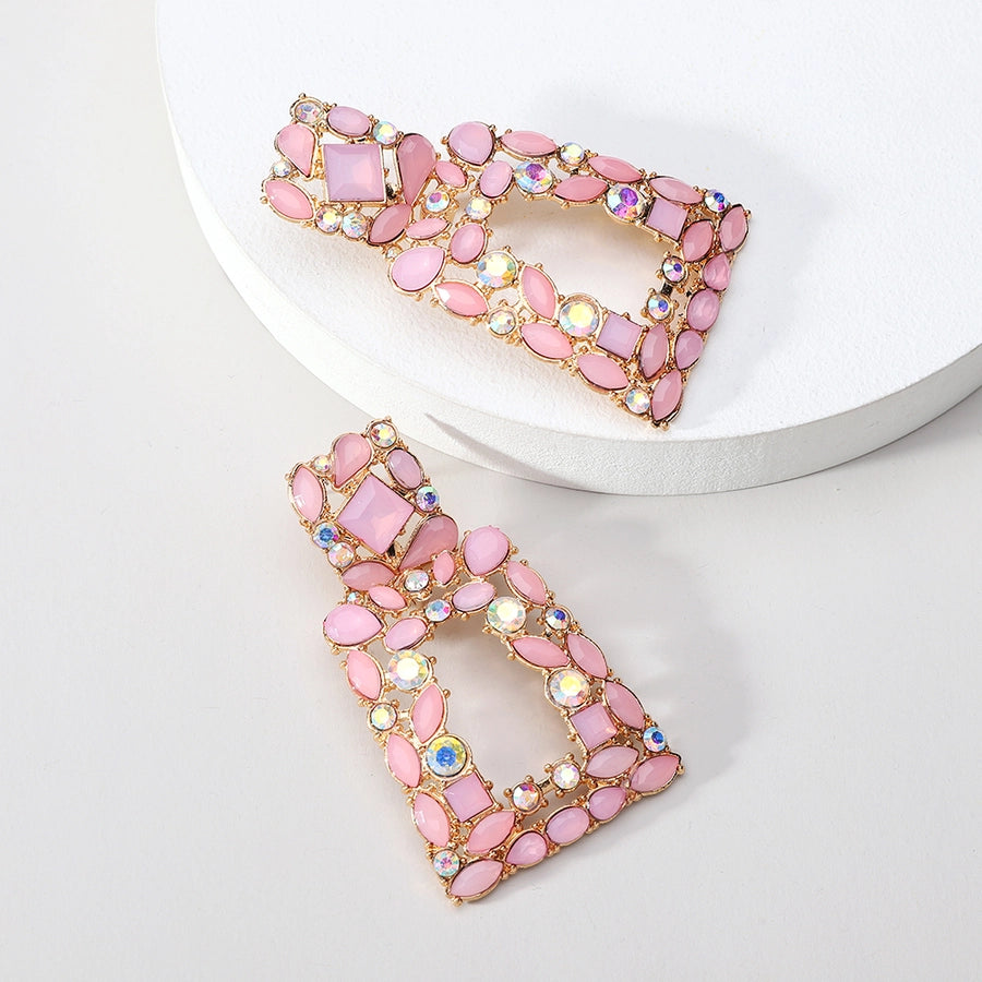 1 pair elegant retro geometric trapezoid hollow out inlay zinc alloy rhinestones drop earrings
