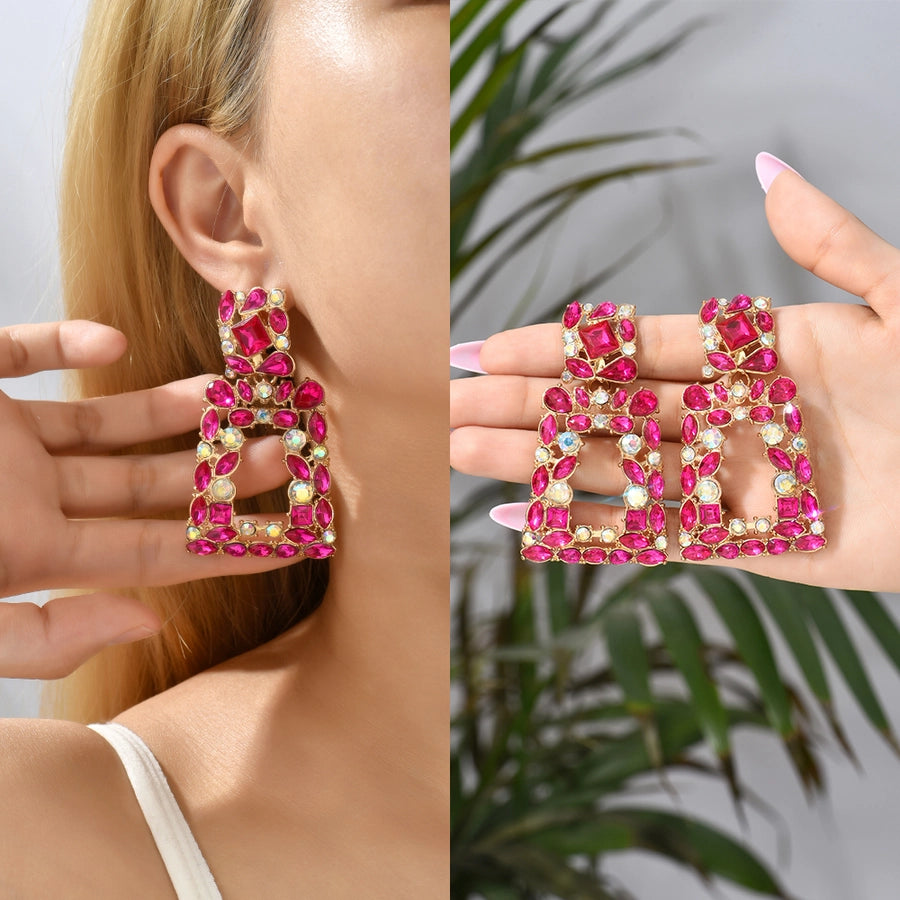 1 pair elegant retro geometric trapezoid hollow out inlay zinc alloy rhinestones drop earrings