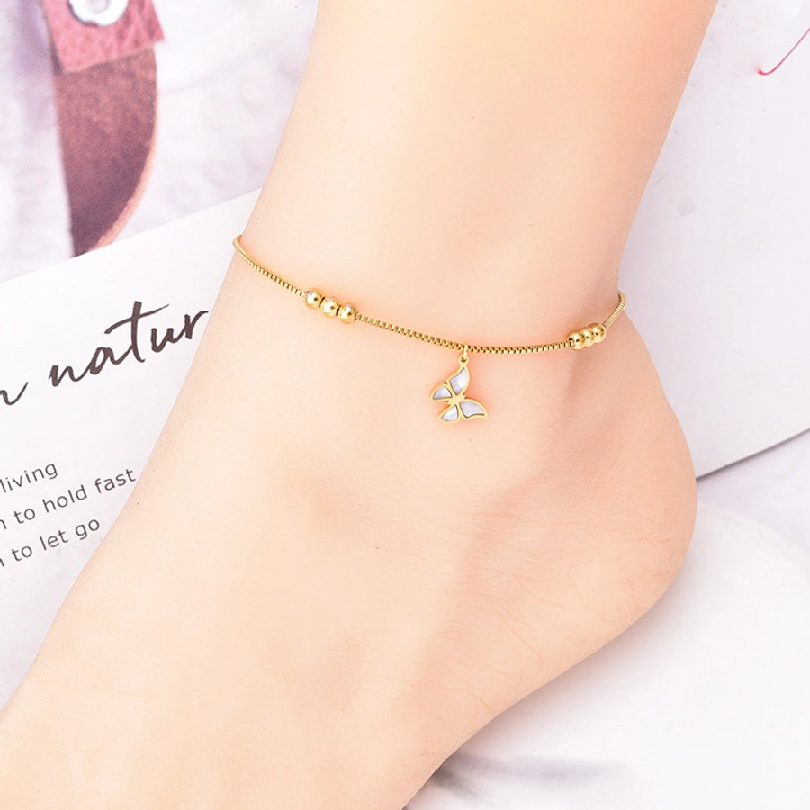 simple style devil's eye heart shape butterfly titanium steel inlay artificial pearls shell zircon women's anklet