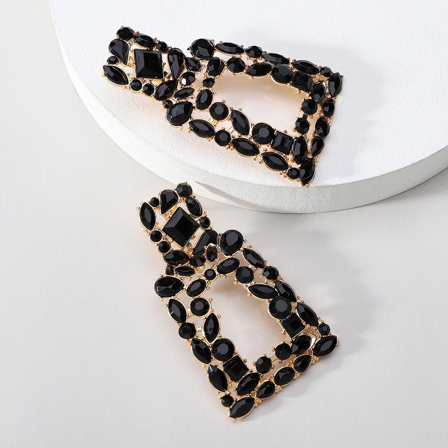 1 pair elegant retro geometric trapezoid hollow out inlay zinc alloy rhinestones drop earrings
