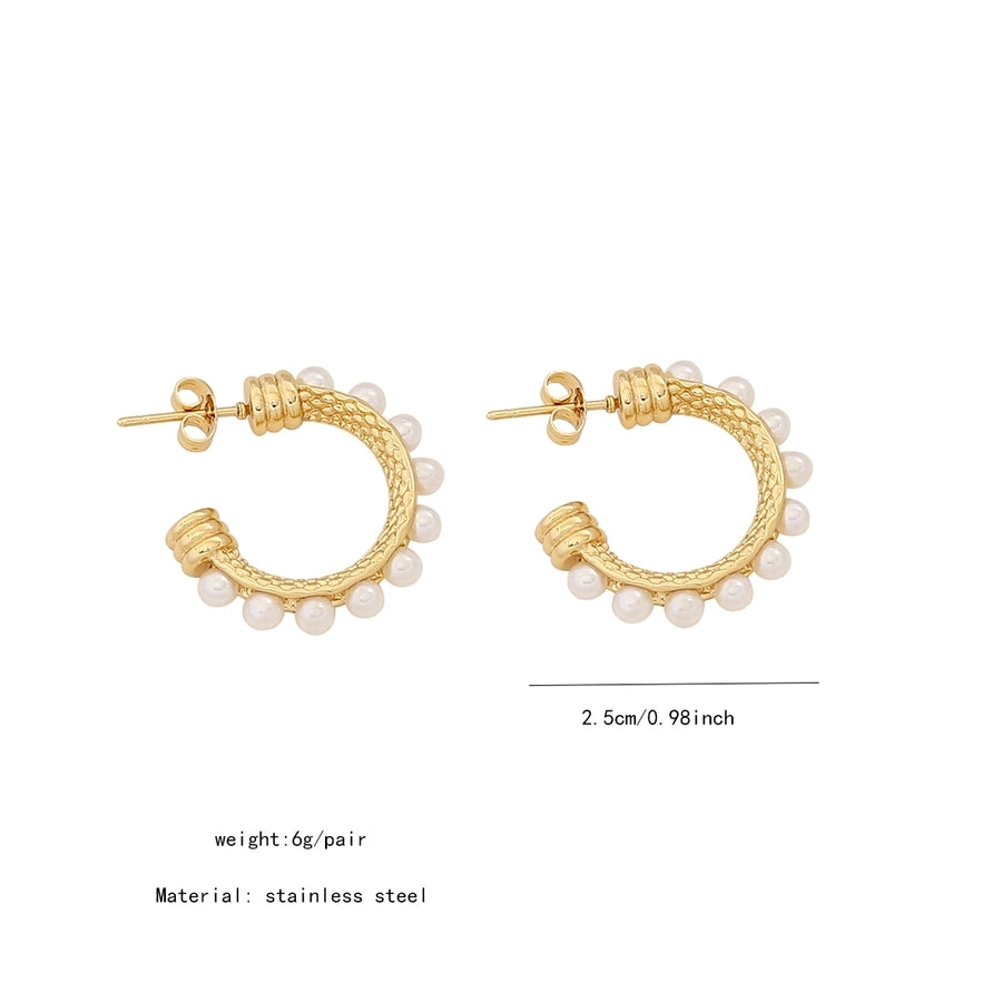 1 Pair IG Style Simple Style C Shape Solid Color Inlay Stainless Steel Artificial Pearls Zircon 18K Gold Plated Ear Studs