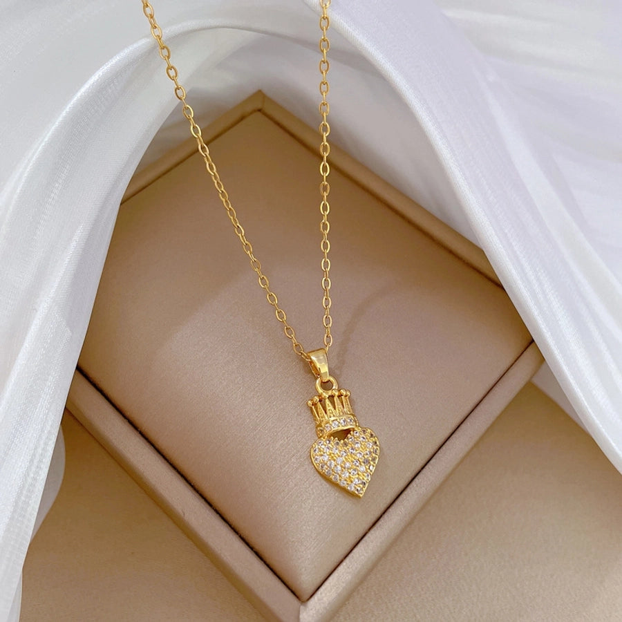simple style heart shape crown titanium steel copper plating inlay artificial gemstones pendant necklace
