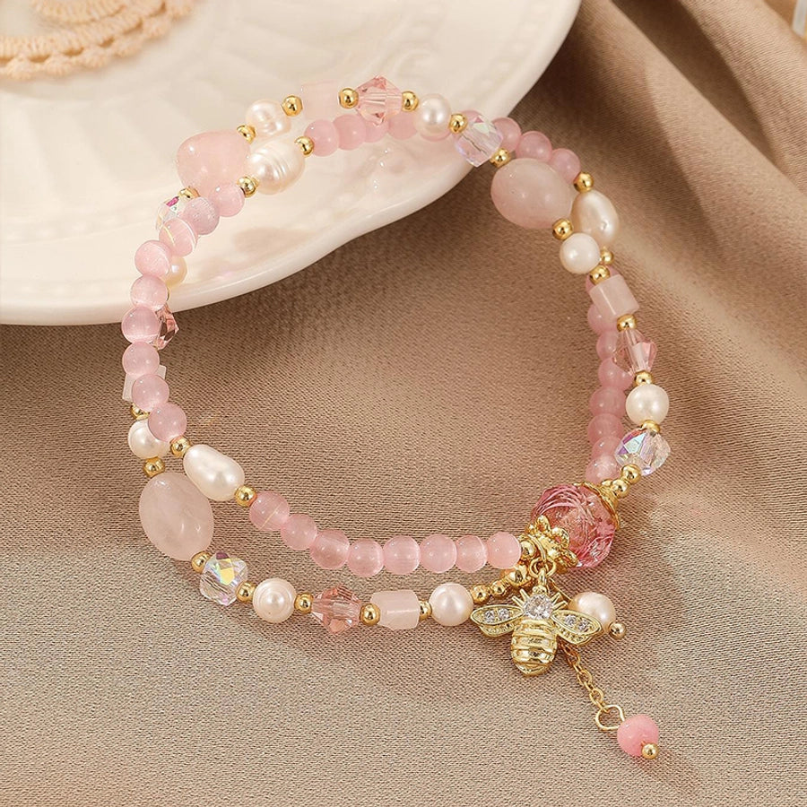 sweet simple style flower bee zircon freshwater pearl pink crystal copper bracelets