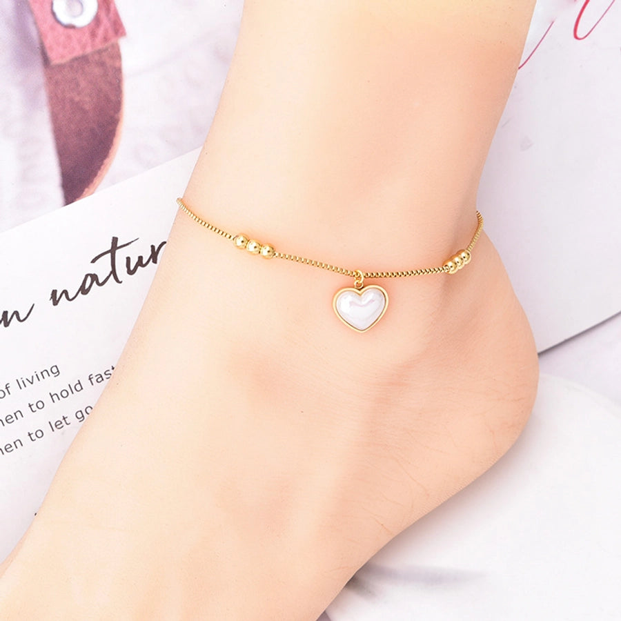 simple style devil's eye heart shape butterfly titanium steel inlay artificial pearls shell zircon women's anklet