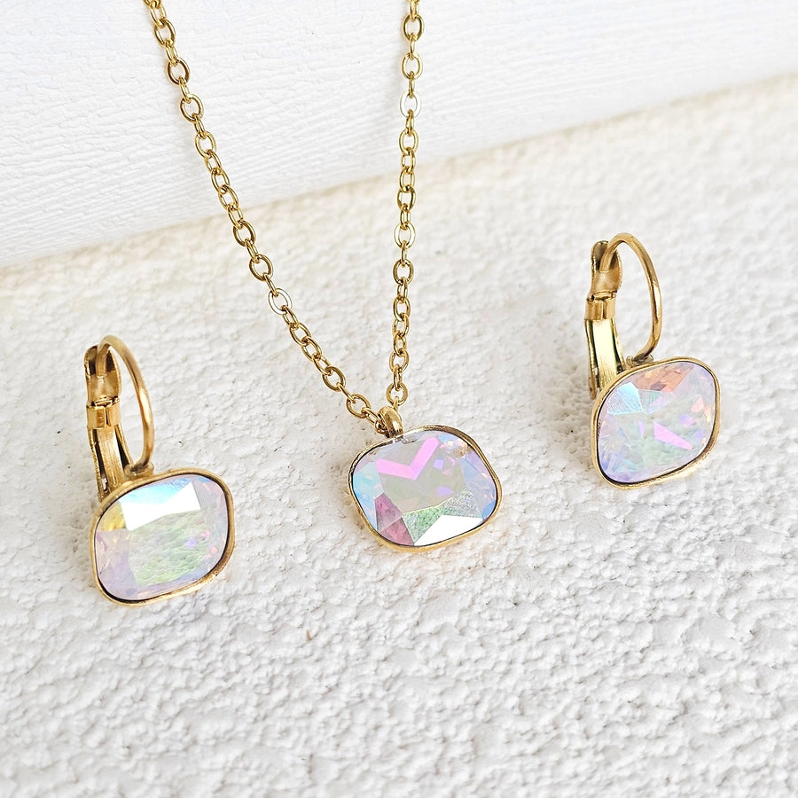 304 Stainless Steel Gold Plated Simple Style Shiny Inlay Square Zircon Jewelry Set