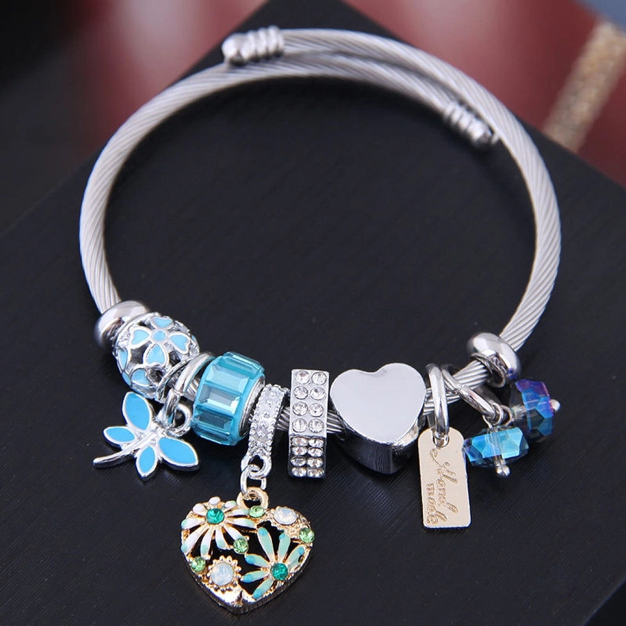 ethnic style heart shape flower stainless steel alloy plating inlay rhinestones bangle