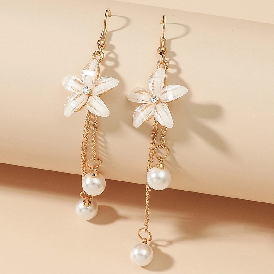 fashion flower shaped pearl tassel five-leaf alloy earrings