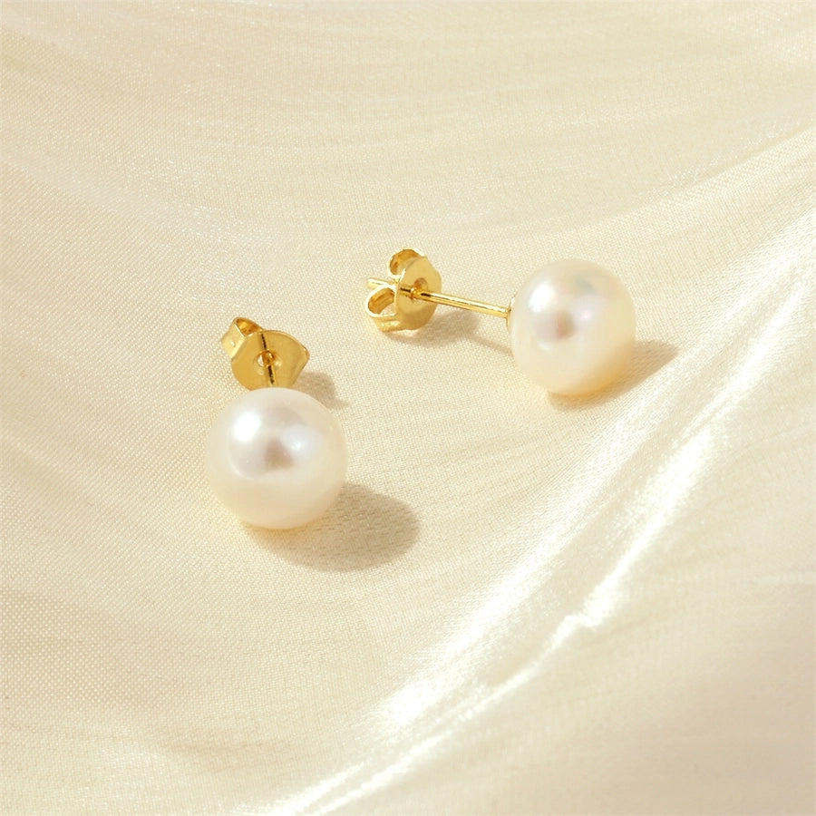 1 pair basic simple style round plating freshwater pearl copper 18k gold plated ear studs