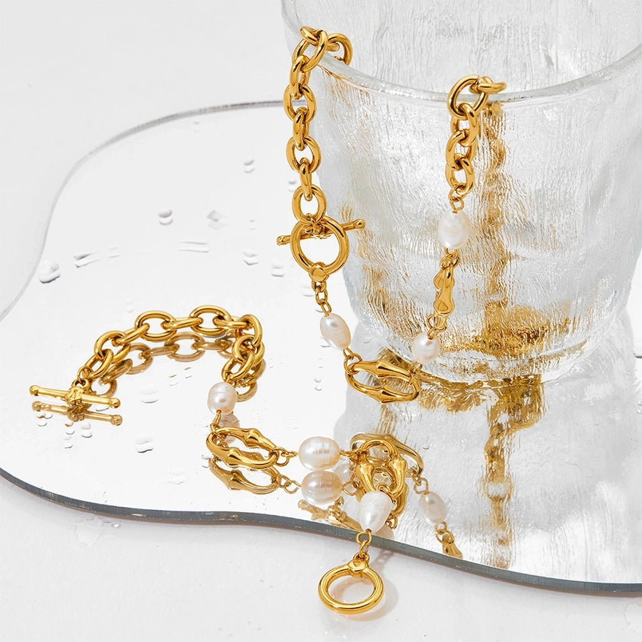 304 Stainless Steel Freshwater Pearl 16K Gold Plated White Gold Plated Gold Plated IG Style Simple Style Classic Style Polishing Plating Solid Color Bracelets Necklace