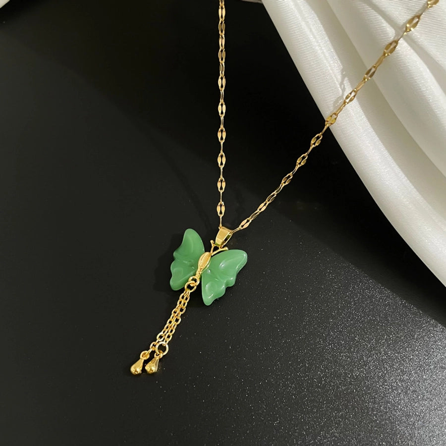 fashion butterfly titanium steel copper tassel plating pendant necklace